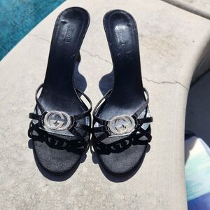 Gucci Black Satin Crystal Embellished Interlocking G Slide Sandals Size 9.5